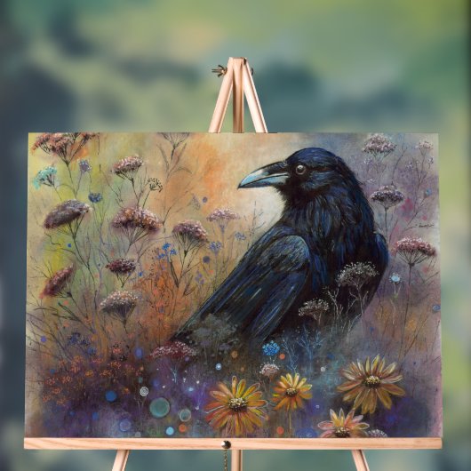Hand geschilderde raaf met wilde bloemen acryl bord (Neutraal)