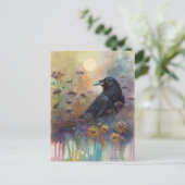 Hand geschilderde raaf met wilde bloemen briefkaart (Staand voorkant)