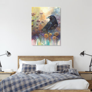 Hand geschilderde raaf met wilde bloemen canvas afdruk