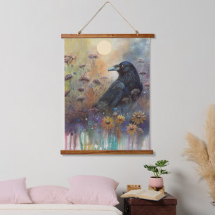 Hand geschilderde raaf met wilde bloemen hangend wandkleed