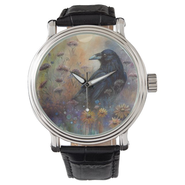 Hand geschilderde raaf met wilde bloemen horloge (Voorkant)