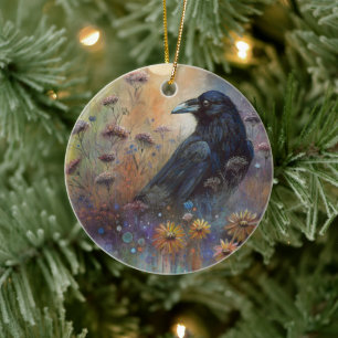 Hand geschilderde raaf met wilde bloemen keramisch ornament