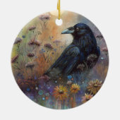 Hand geschilderde raaf met wilde bloemen keramisch ornament (Achterkant)