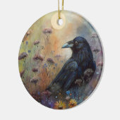 Hand geschilderde raaf met wilde bloemen keramisch ornament (Links)