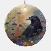 Hand geschilderde raaf met wilde bloemen keramisch ornament (Achterkant)