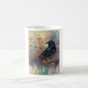 Hand geschilderde raaf met wilde bloemen koffiemok