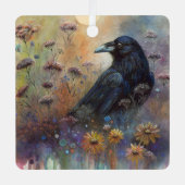 Hand geschilderde raaf met wilde bloemen metalen ornament (Voorkant)