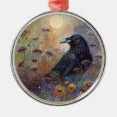 Hand geschilderde raaf met wilde bloemen metalen ornament (Voorkant)