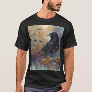 Hand geschilderde raaf met wilde bloemen t-shirt