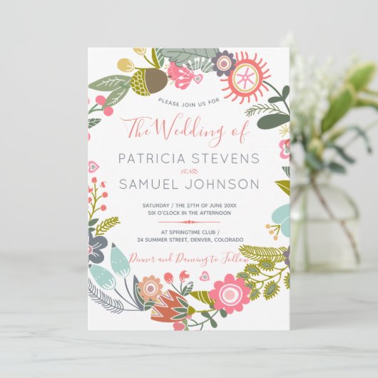 Hand geschilderde wilde bloemen weide krans bruilo kaart (Staand voorkant)