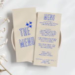 Hand geschreven Blauw Retro Vet Modern Leuk Bruilo Menu<br><div class="desc">Een kleurrijke retro funky moderne Periwinkle bruiloft diner menu. Die chic sjabloon ontwerp van boho  beige romige achtergrond en blauw typografie en met de hand geschreven menu in blauw. En heldere achtergrond. Perfect en passend bij de hele suite.</div>