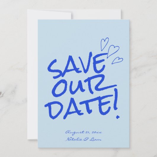 Hand geschreven Blauw Vet Retro Unieke Moderne Bru Save The Date (Voorkant)