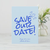 Hand geschreven Blauw Vet Retro Unieke Moderne Bru Save The Date (Staand voorkant)