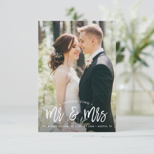 Hand geschreven borstel script bruiloft aankondigi bedankkaart (Staand voorkant)