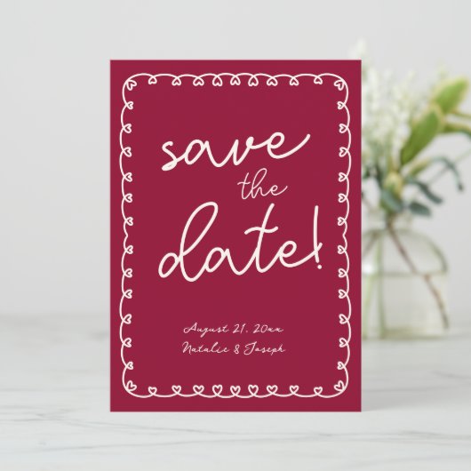 Hand geschreven Bourgondië Retro Funky moderne bru Save The Date (Staand voorkant)