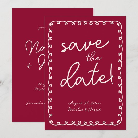 Hand geschreven Bourgondië Retro Funky moderne bru Save The Date (Voorkant / Achterkant)