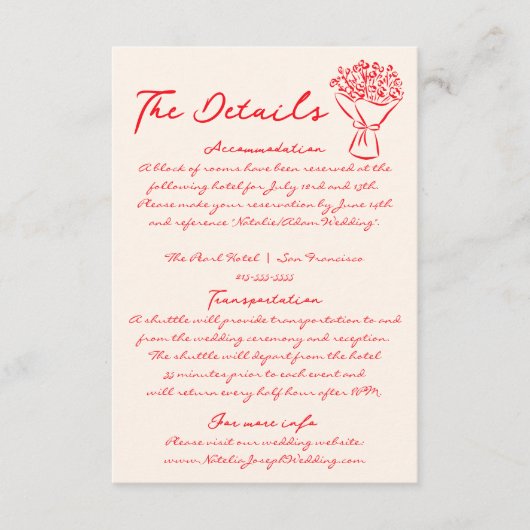 Hand geschreven getekend rood eigenzinnige bruilof informatiekaartje (Voorkant)