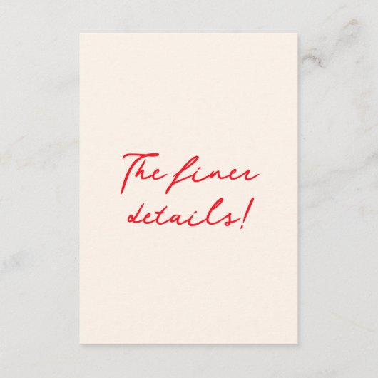 Hand geschreven getekend rood eigenzinnige bruilof informatiekaartje (Achterkant)