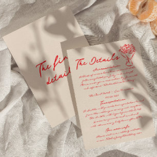 Hand geschreven getekend rood eigenzinnige bruilof informatiekaartje