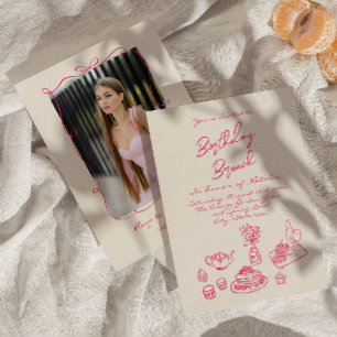 Hand geschreven getekend roze brunch verjaardag fo kaart