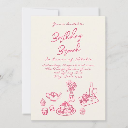Hand geschreven getekend roze brunch verjaardag fo kaart (Voorkant)