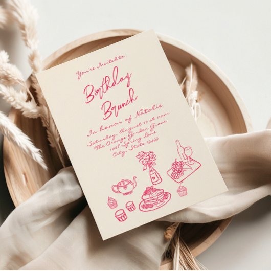 Hand geschreven getekend roze eigenzinnige brunch  kaart