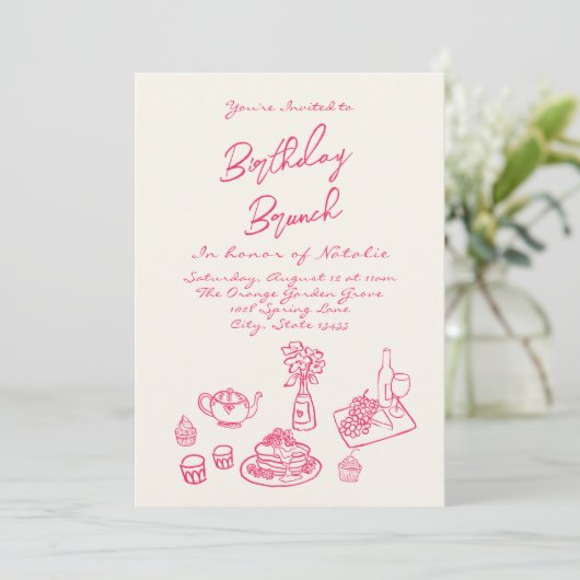 Hand geschreven getekend roze eigenzinnige brunch  kaart (Staand voorkant)