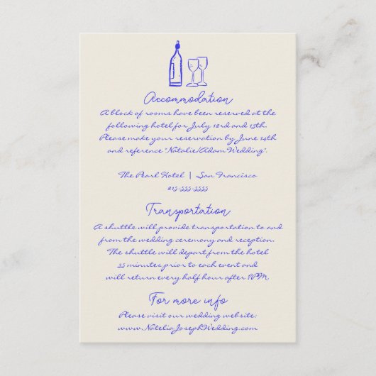 Hand geschreven getekende blauwe retro bruiloft de informatiekaartje (Voorkant)