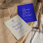 Hand geschreven getekende blauwe retro unieke brui save the date