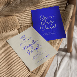 Hand geschreven getekende blauwe retro unieke brui save the date