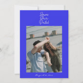 Hand geschreven getekende blauwe retro unieke foto save the date (Voorkant)