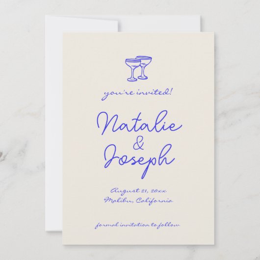 Hand geschreven getekende blauwe retro unieke foto save the date (Achterkant)