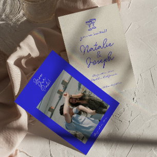 Hand geschreven getekende blauwe retro unieke foto save the date