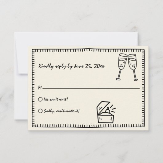 Hand geschreven getekende  eigenzinnige bruiloft RSVP kaartje (Voorkant)