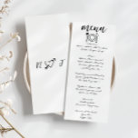 Hand geschreven getekende krabbel eigenzinnige uni menu<br><div class="desc">Een kleurrijke retro funky moderne perzik geel bruiloft diner menu. Wat een chique sjabloon ontwerp van boho witte achtergrond en zwarte typografie en met de hand geschreven menu in het zwart. En witte achtergrond met hand getekend hart verliefd op de rug met bruid en bruidegom initialen. Perfect en passend bij...</div>