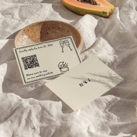 Hand geschreven getekende unieke eigenzinnige QR c RSVP Kaartje