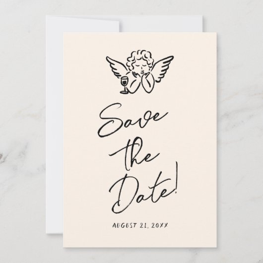 Hand geschreven getrokken retro Cupido eigenzinnig Save The Date (Voorkant)