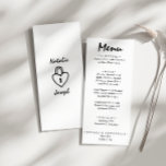 Hand geschreven getrokken retro eigenzinnige uniek menu<br><div class="desc">Een kleurrijke retro funky moderne perzik geel bruiloft diner menu. Wat een chique sjabloon ontwerp van boho  witte achtergrond en zwarte typografie en met de hand geschreven menu in het zwart. En witte achtergrond met hand getekend hart in slot op de rug. Perfect en passend bij de hele suite.</div>
