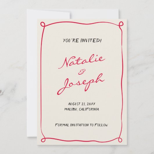 Hand geschreven getrokken retro grillige leuke bru save the date (Achterkant)