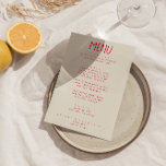 Hand-geschreven kleurrijke heldere funky moderne b menu<br><div class="desc">Een kleurrijke retro funky moderne lichte bruiloft diner menu. Die chique sjabloon ontwerp van boho  beige melkachtige achtergrond en rode magenta typografie en met de hand geschreven menu in het rood. Perfect en passend bij de hele suite.</div>