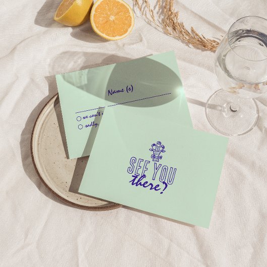 Hand geschreven kleurrijke retro funky bruiloft de RSVP kaartje