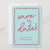 Hand geschreven kleurrijke retro funky moderne bru save the date (Voorkant)