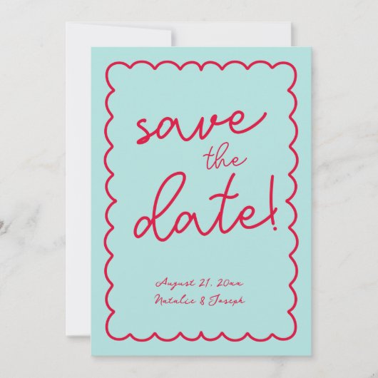 Hand geschreven kleurrijke retro funky moderne bru save the date (Voorkant)