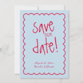 Hand geschreven kleurrijke retro funky moderne bru save the date (Voorkant)