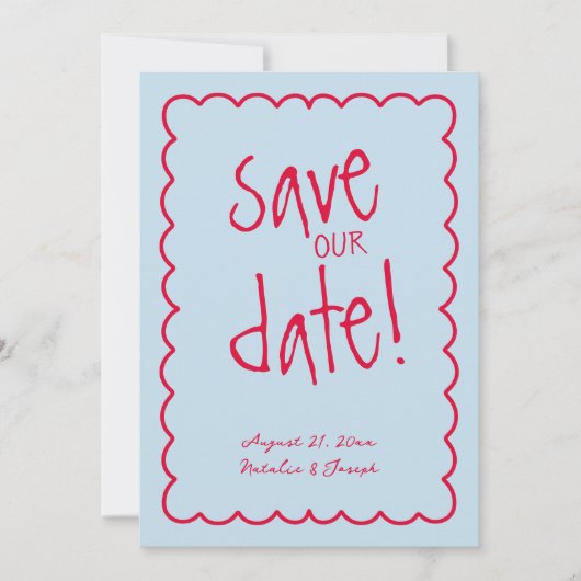 Hand geschreven kleurrijke retro funky moderne bru save the date (Voorkant)