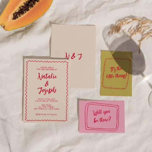 Hand-geschreven kleurrijke retro moderne bruiloft  informatiekaartje