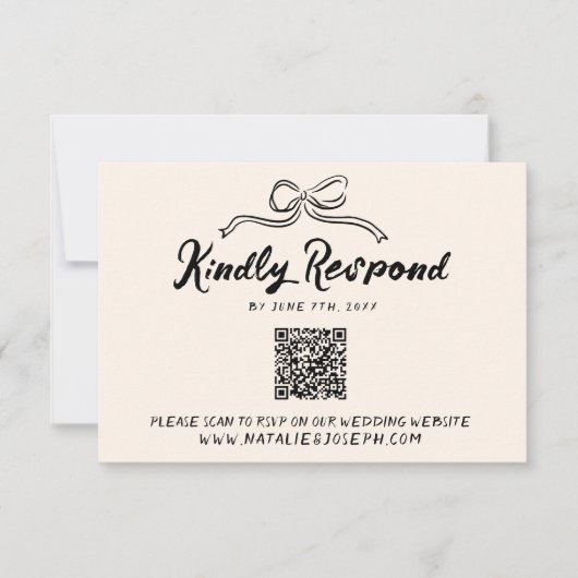 Hand Geschreven Moderne Bow QR Code Huwelijk RSVP Kaartje (Voorkant)