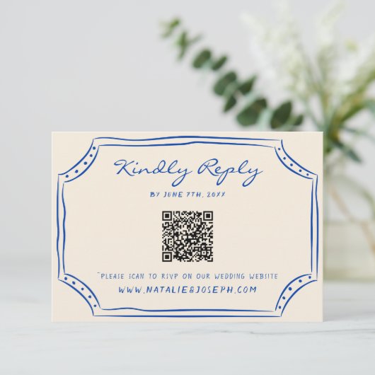 Hand geschreven pinstripes geschilderd QR code bru RSVP Kaartje (Staand voorkant)