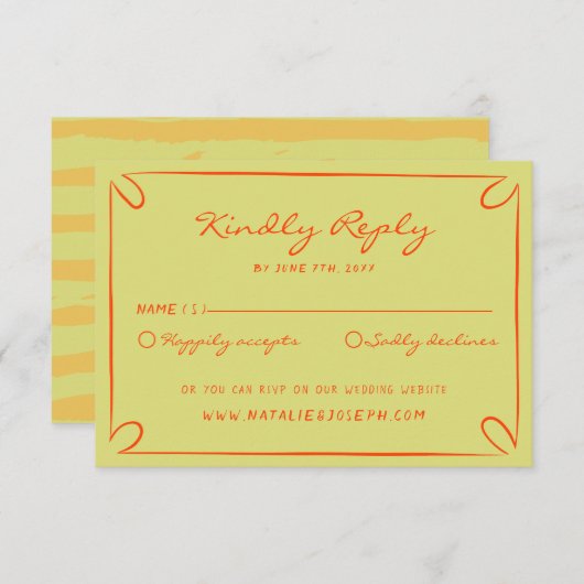 Hand geschreven pinstripes grillige italiaanse bru RSVP kaartje (Voorkant / Achterkant)