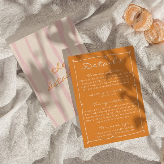 Hand geschreven Pinstripes kleurrijke bruiloft det Informatiekaartje